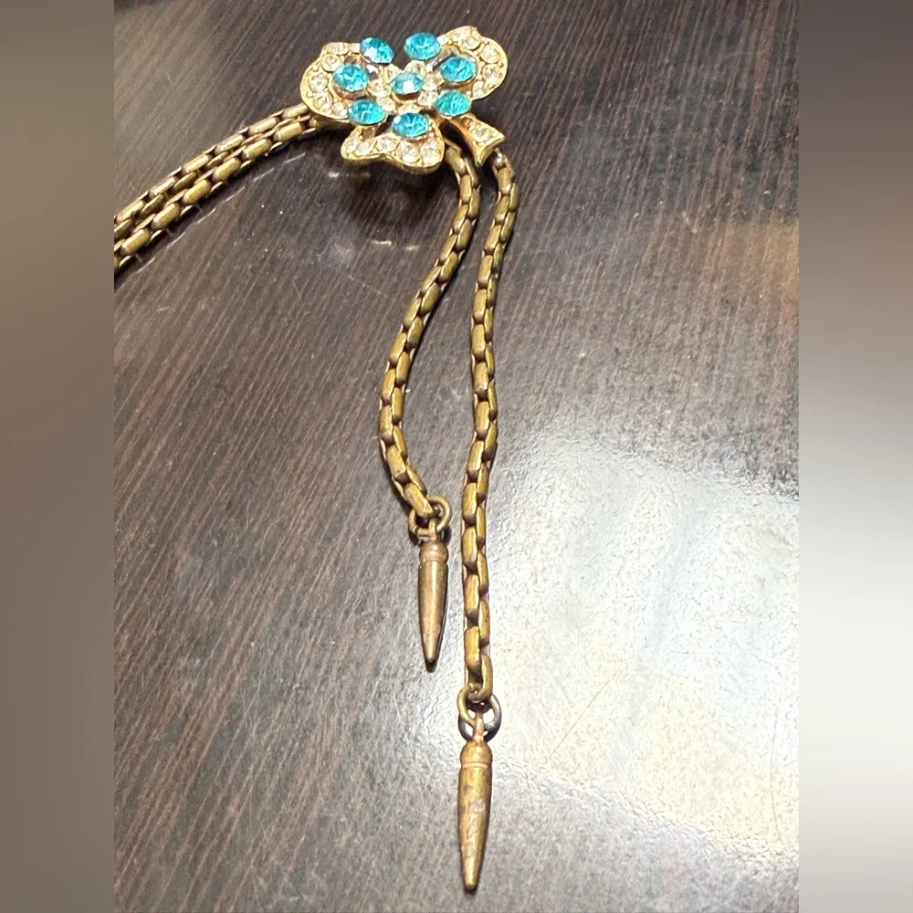 Vintage Clover Rhinestones‎ Bolo Style Slider Necklace Blue Turquoise Floral